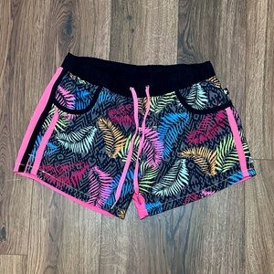 Andrew Christian Black Athletic Shorts with Neon Leaf Print and Pink Trim